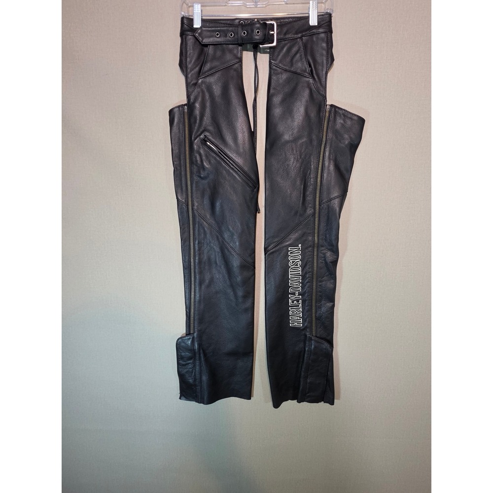 Harley-Davidson Womens Black Leather Motorcycle Riding Chaps XS Embroidered Logo